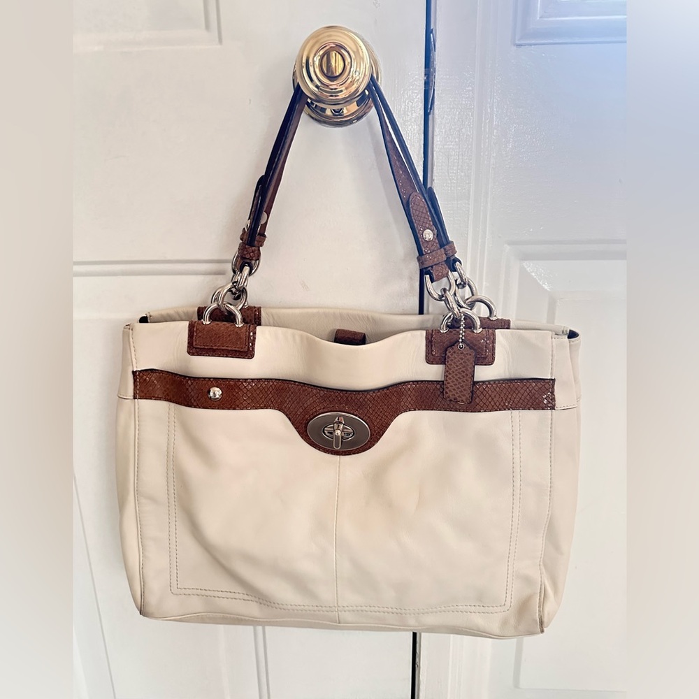 Coach Cream and Brown Leather Shoulder Bag